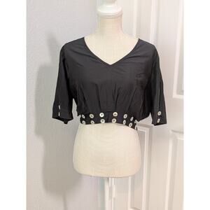 NWT Nikki Chasin Ode Top Blouse Sz M Black Cotton Silk Oyster Shell Buttons Crop
